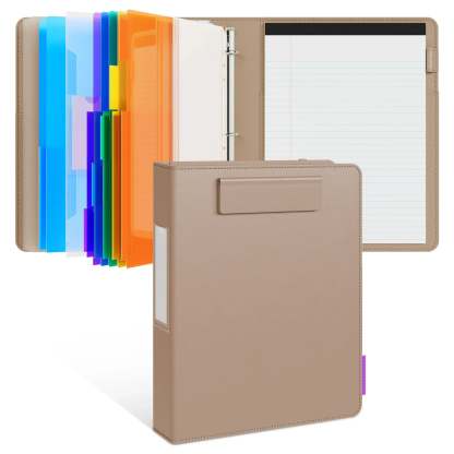 PU Leather Clipboard with Storage – 3-Ring Binder, Magnetic Clip, Removable Notepad & Expanding File