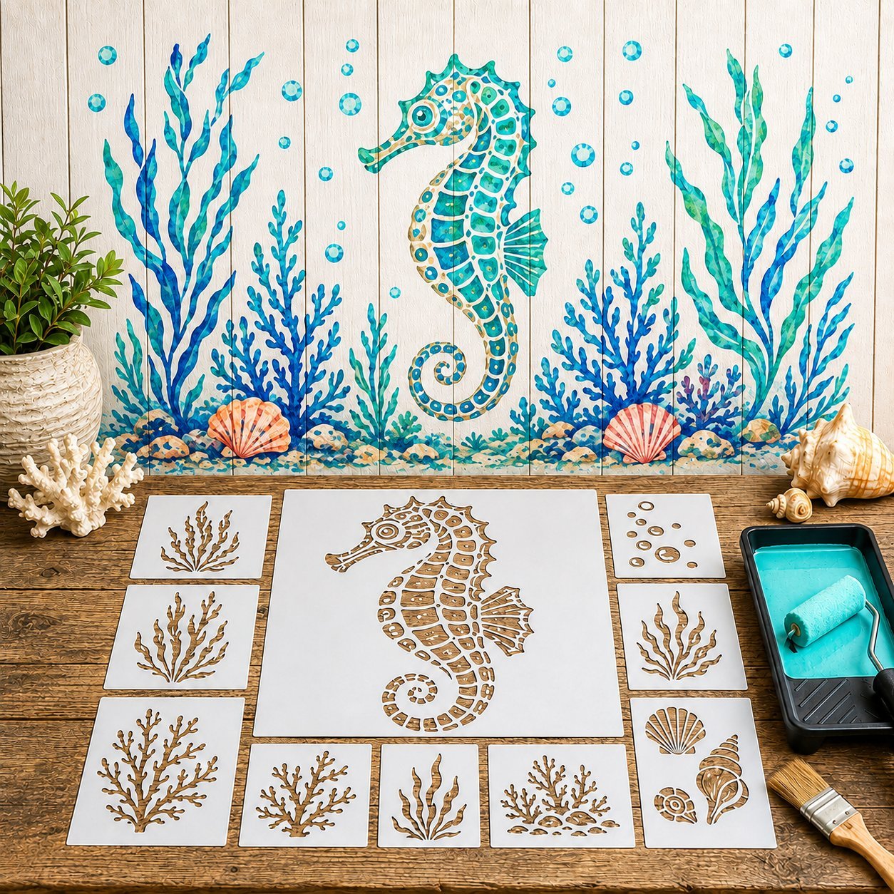 Reusable Ocean Octopus Mural Stencil Set | Bring Plain Walls & Fences to Life with a Bold Underwater Scene