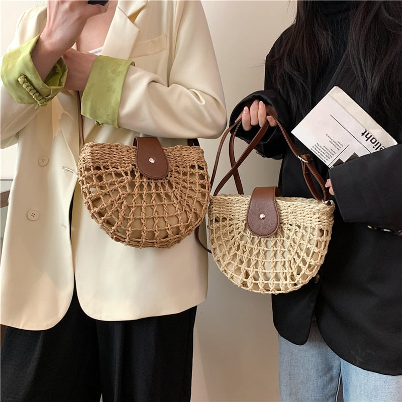 Women's Boho Semicircular Shape Hollow out Straw Bag