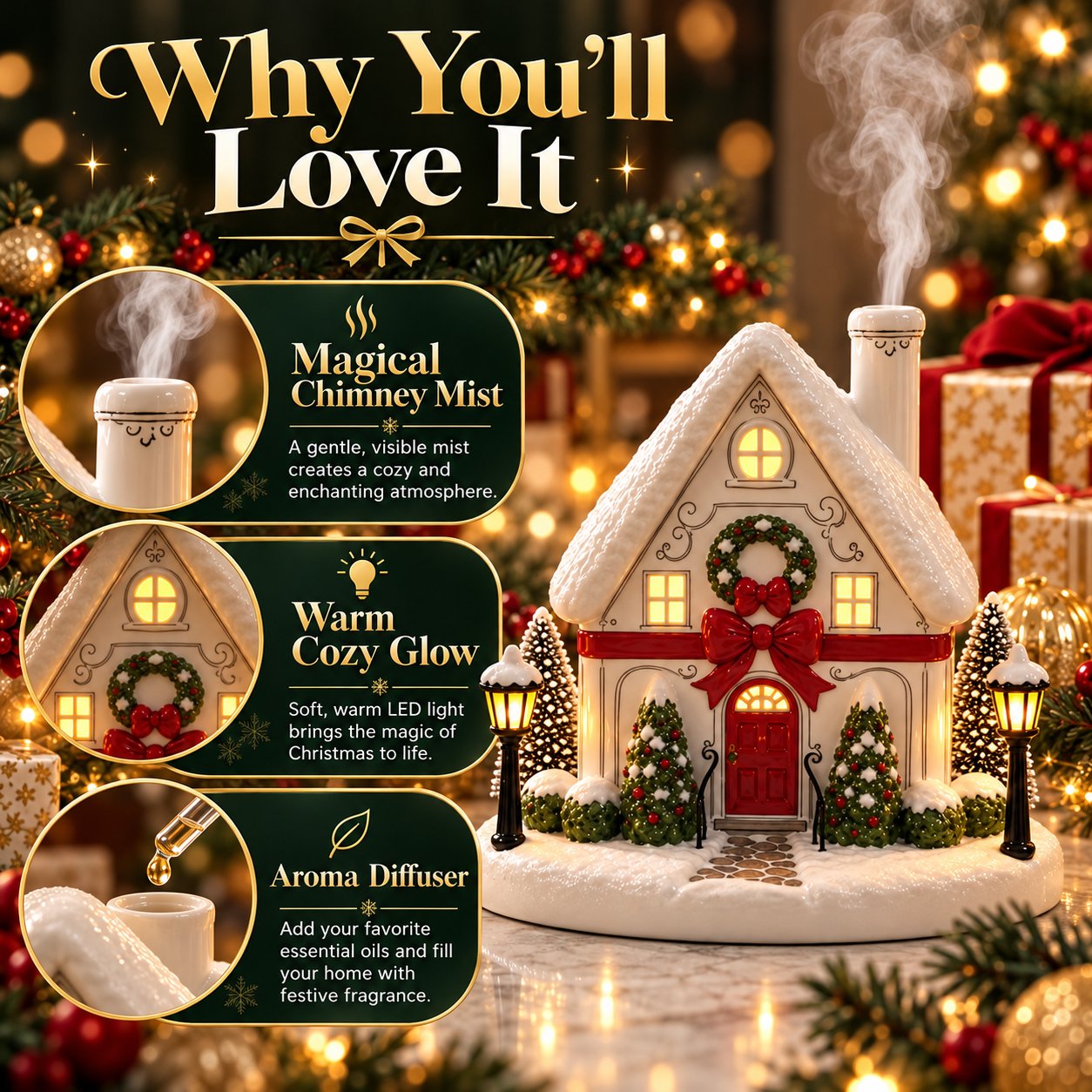 Christmas House Aroma Diffuser – Gentle Mist & Glowing Windows