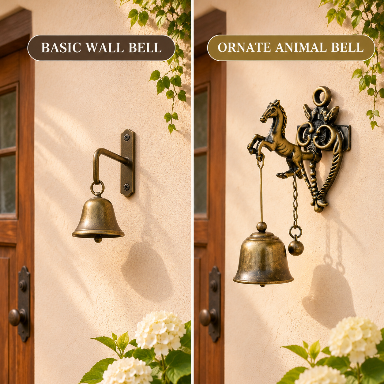 Comparison between a basic wall bell and an ornate animal-shaped vintage wall bell