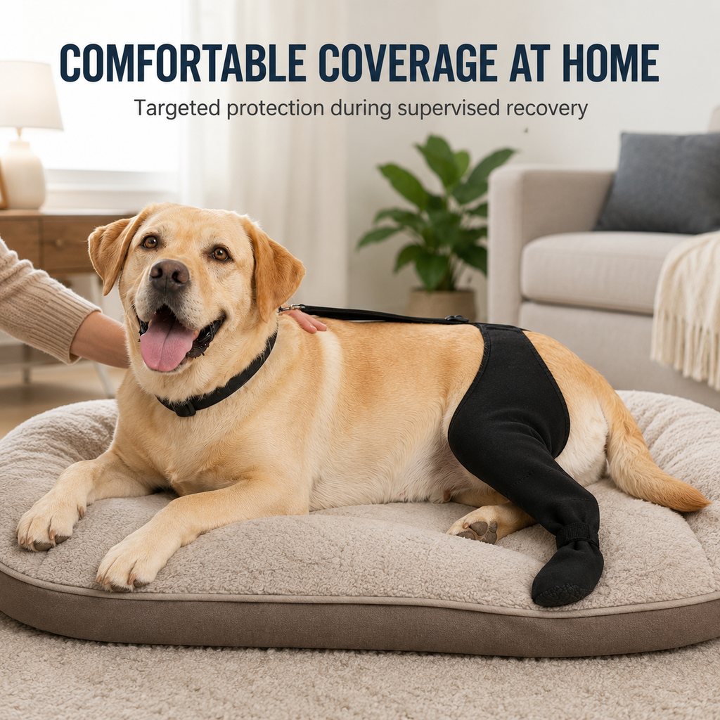 Adjustable Dog Rear Leg Recovery Sleeve with Paw Cover - Helps Limit Licking During Post-Surgery Rest
