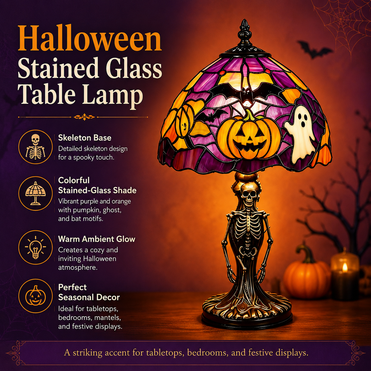 Spooky Glow Tiffany Lamp Pumpkin Ghost Bat Halloween Desk Light