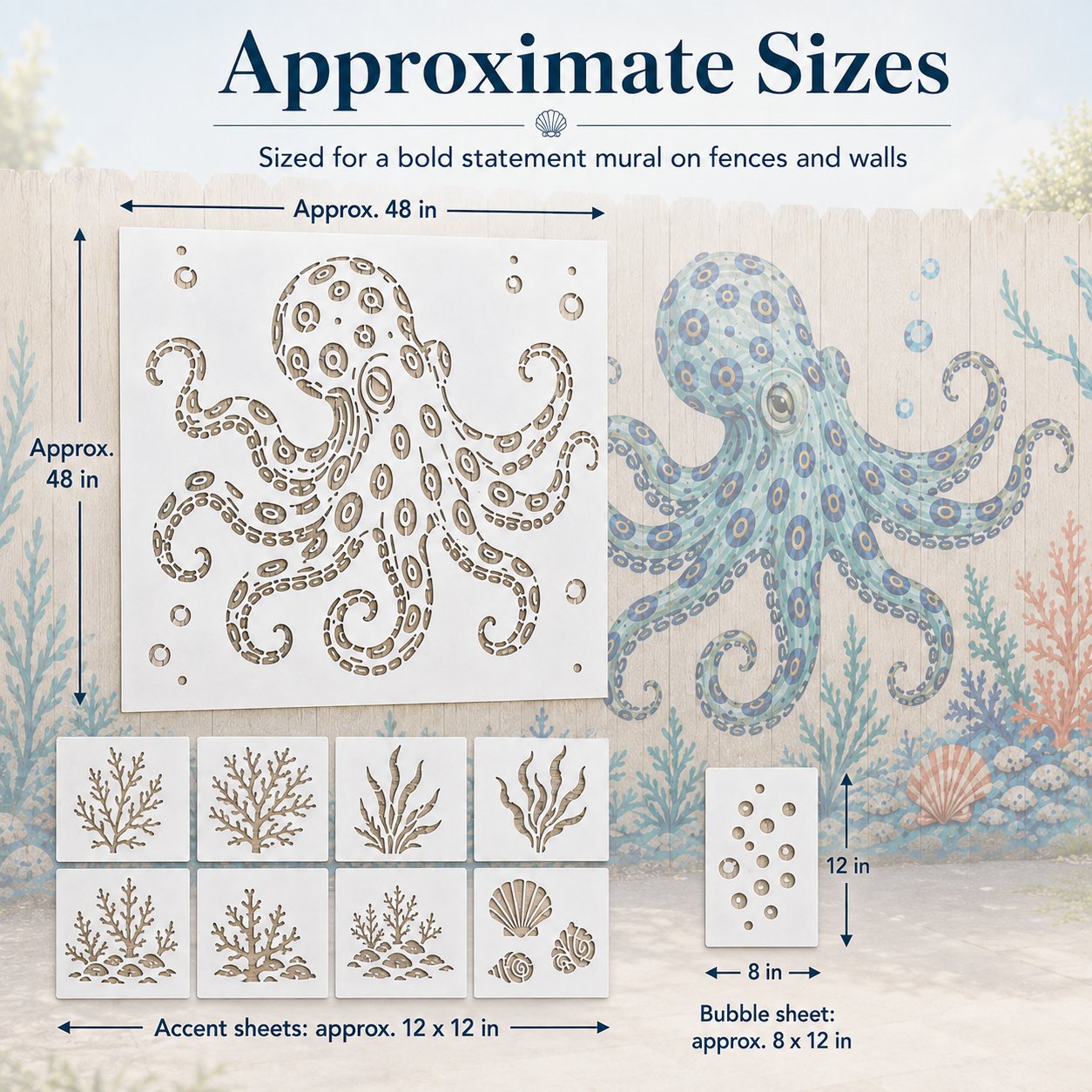 Reusable Ocean Octopus Mural Stencil Set | Bring Plain Walls & Fences to Life with a Bold Underwater Scene