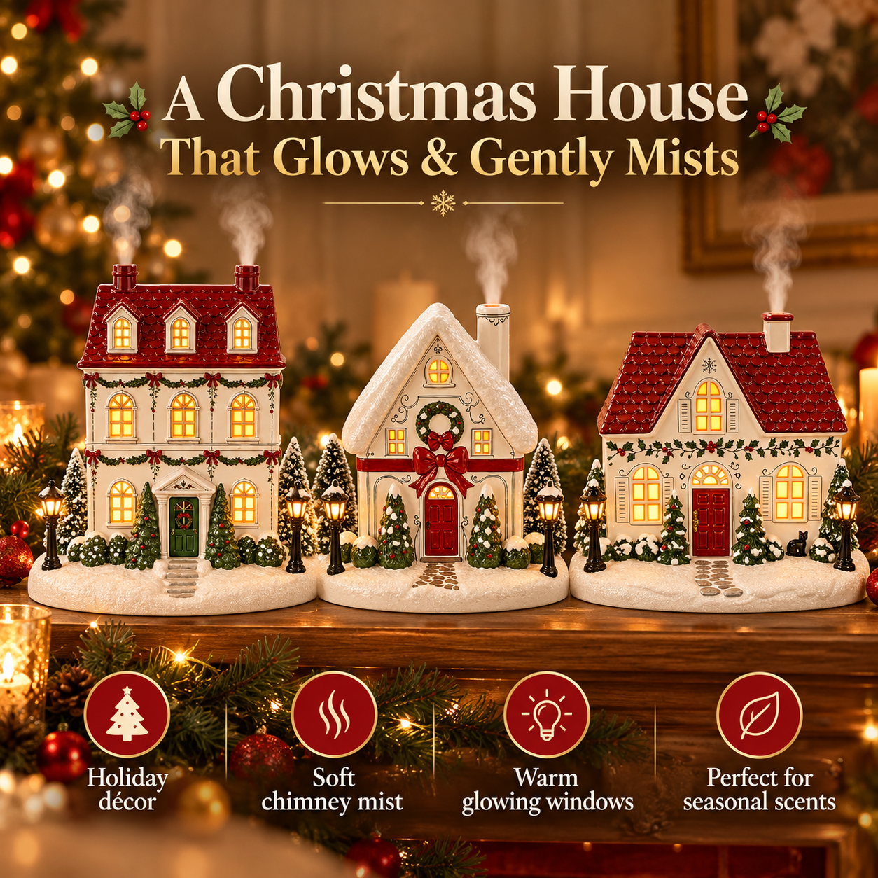 Christmas village aroma diffuser with glowing windows and chimney mist