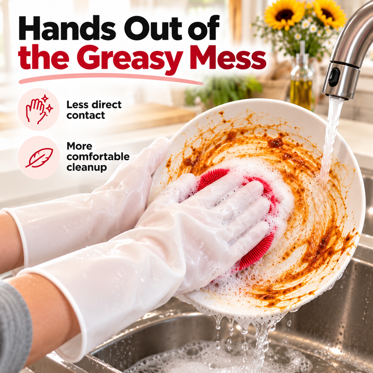 Gloved hand scrubbing a sauce-covered plate in the kitchen sink