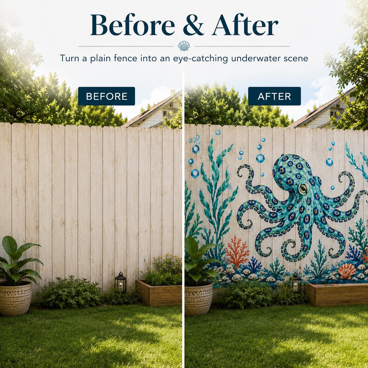 Reusable Ocean Octopus Mural Stencil Set | Bring Plain Walls & Fences to Life with a Bold Underwater Scene