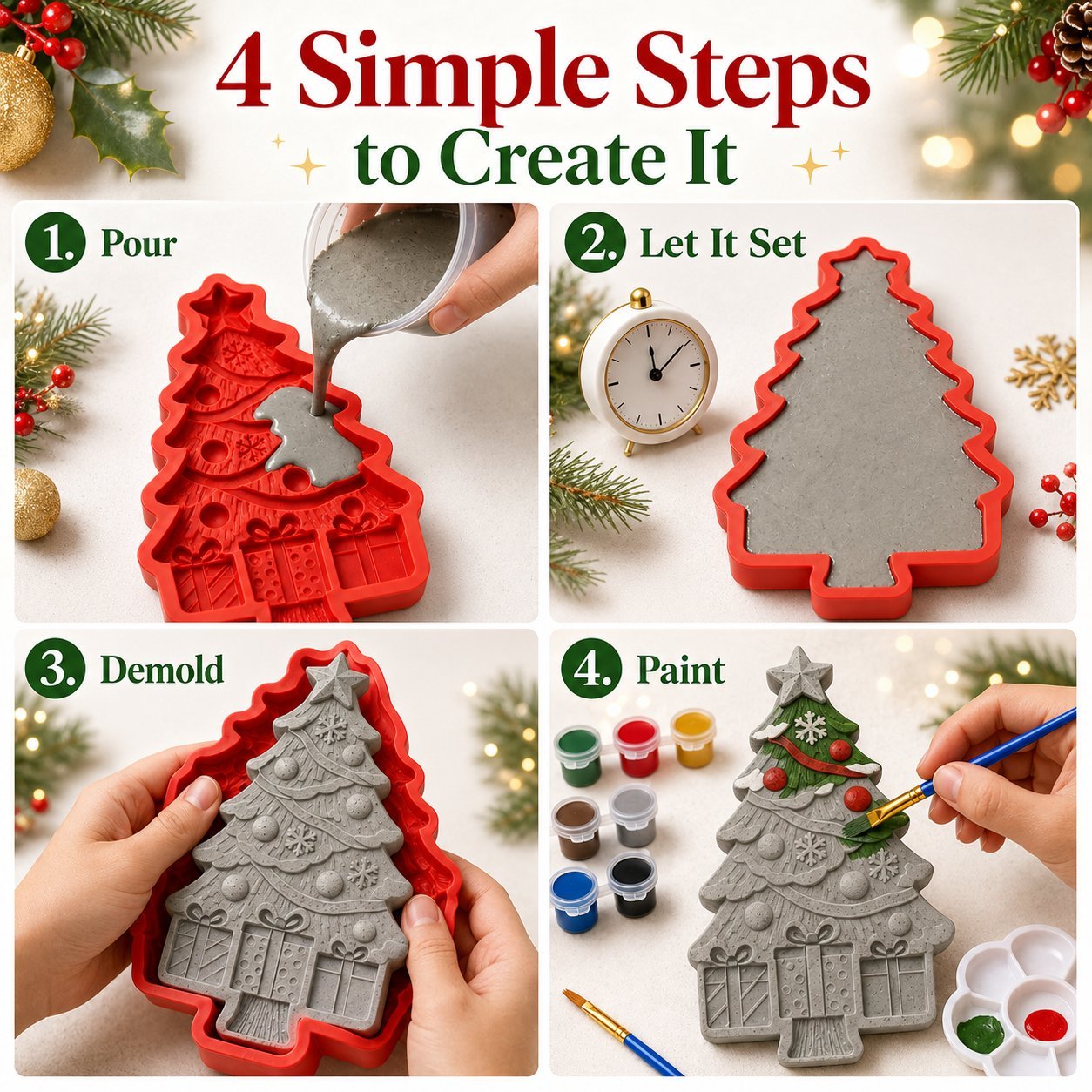DIY Christmas Tree Mold & Paint Craft Kit | Reusable 3D Mold with 8 Acrylic Paints, 2 Brushes & Festive Detail Guide
