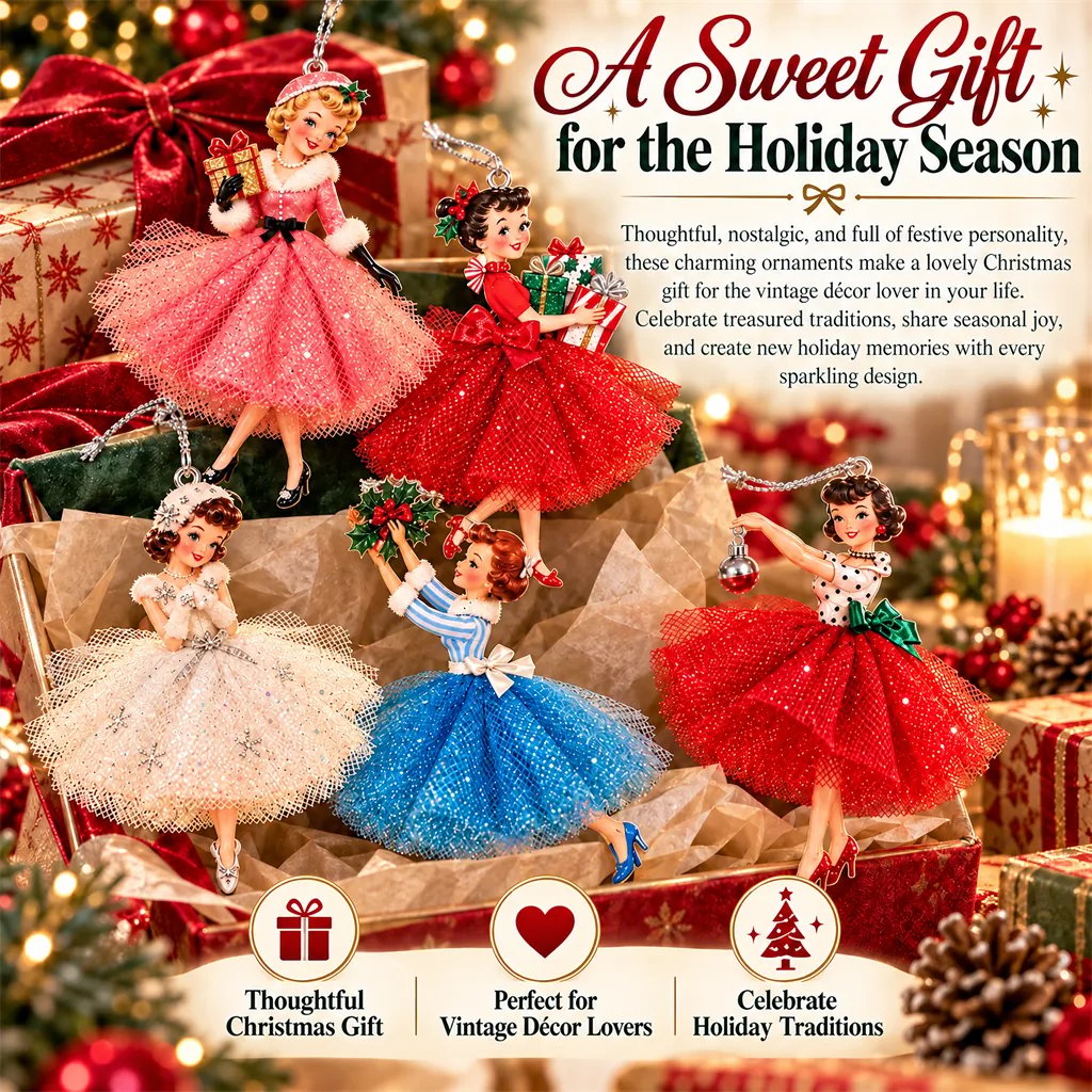 Five vintage lady ornaments arranged in a festive Christmas gift box