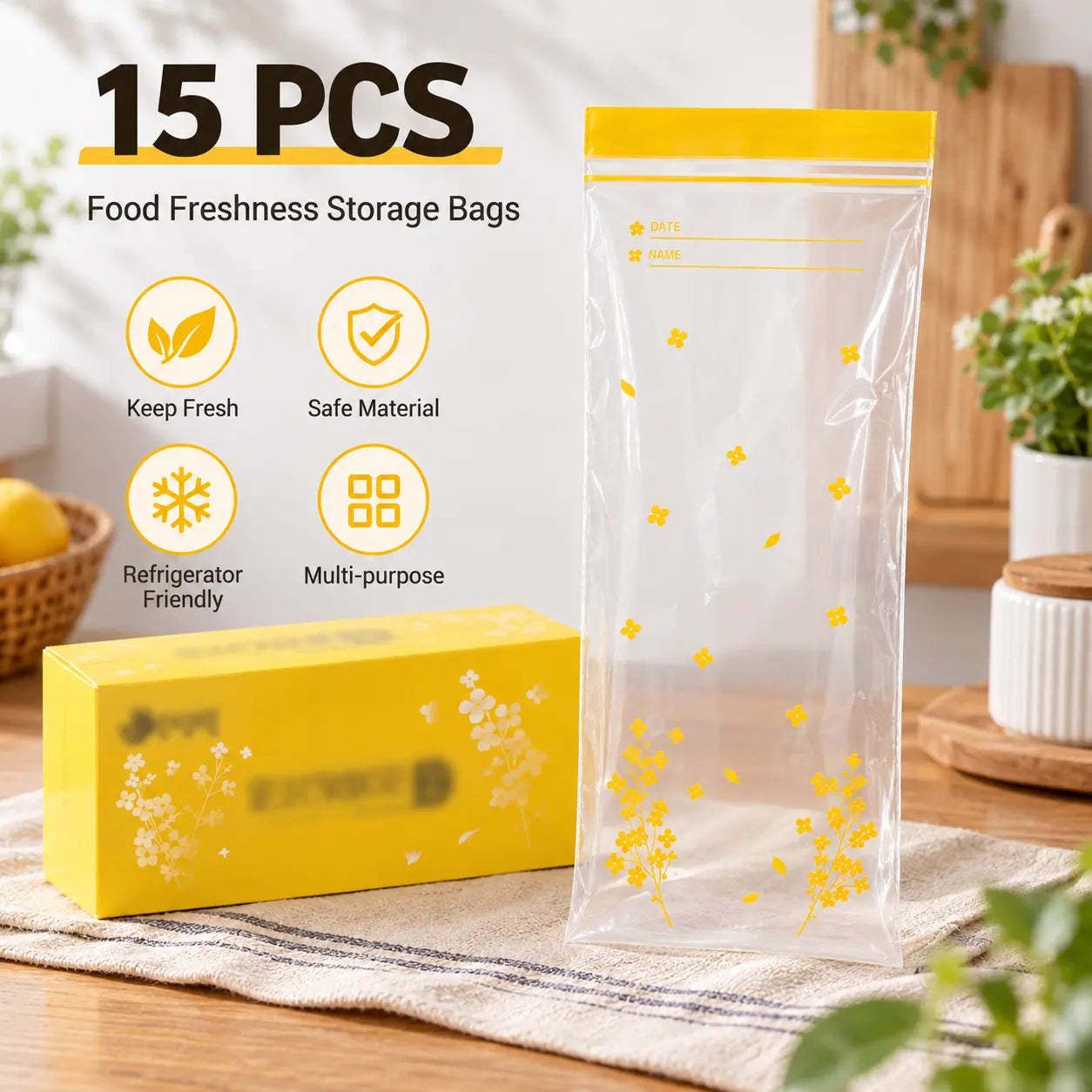 15-Pack Reusable Produce Storage Bags – Double-Seal Fridge Organizer Pouches