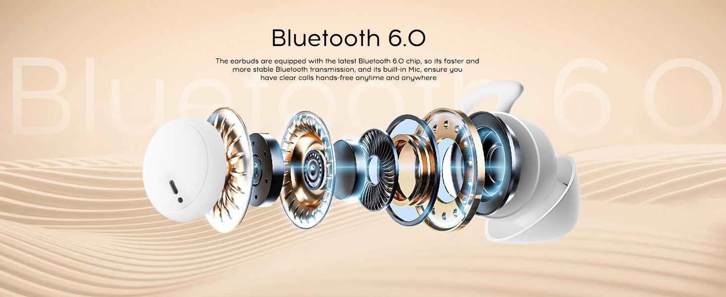 Text reads 'Bluetooth 6.0'. Exploded view diagram of audio driver components showing internal speaker architecture on beige background.