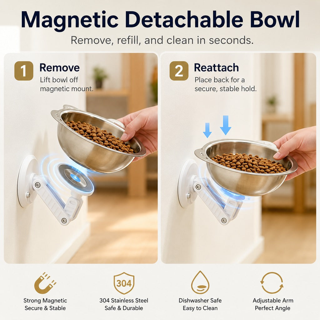 No-Drill Wall-Mounted Pet Bowl for Small Dogs & Cats - Elevated Feeding for Cleaner Floors