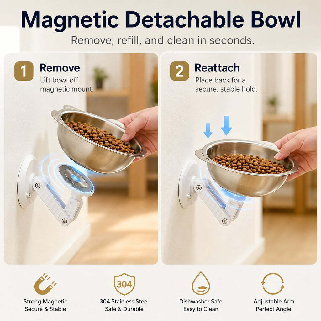 No-Drill Wall-Mounted Pet Bowl for Small Dogs & Cats - Elevated Feeding for Cleaner Floors