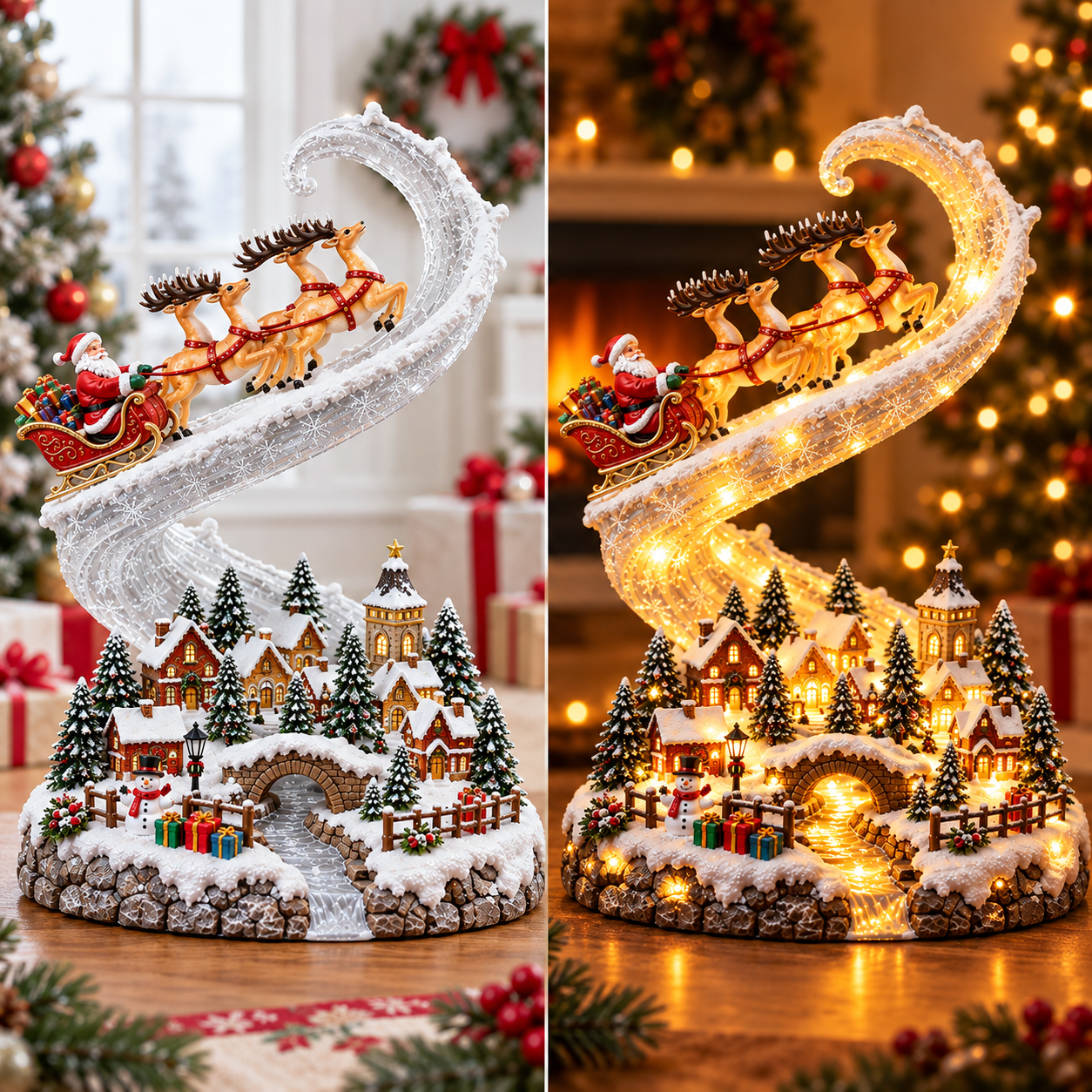 Daytime and nighttime lighting comparison of Santa