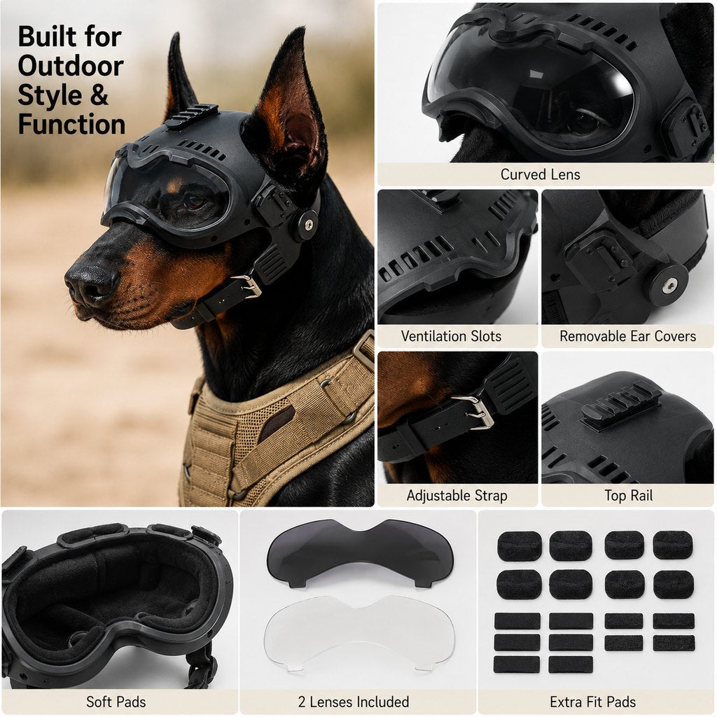 K9 Tactical-Style Dog Helmet with Goggles for Hiking & Outdoor Training - Helps Shield Eyes from Wind, Dust & Trail Debris