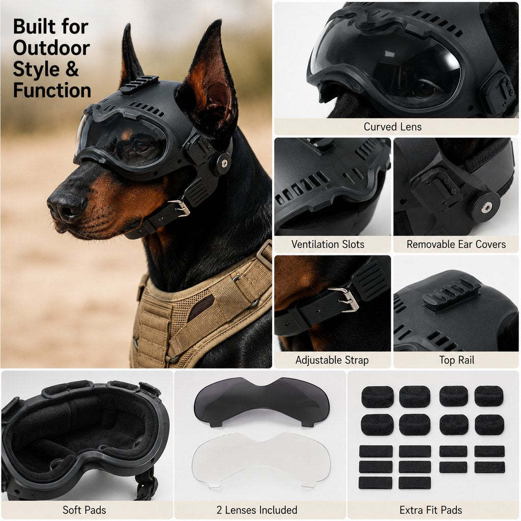 K9 Tactical-Style Dog Helmet with Goggles for Hiking & Outdoor Training - Helps Shield Eyes from Wind, Dust & Trail Debris