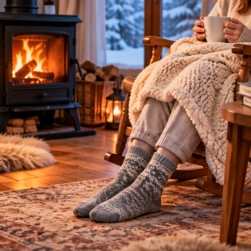 Feet in socks beside a warm fireplace