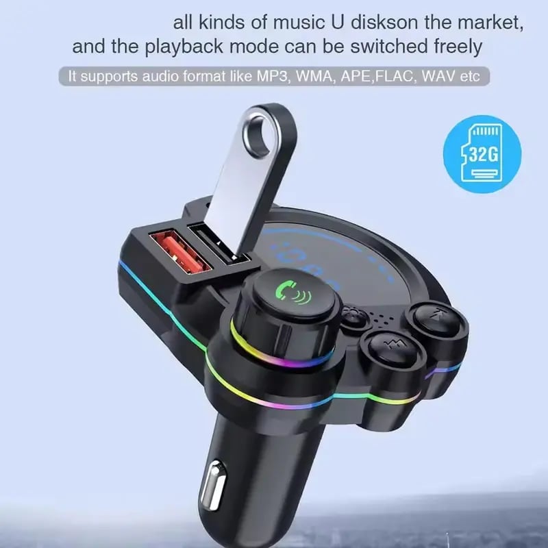 30W PD Car Charger & Bluetooth 5.3 FM Transmitter – Bass Booster & RGB Light – Wireless MP3 Radio Adapter