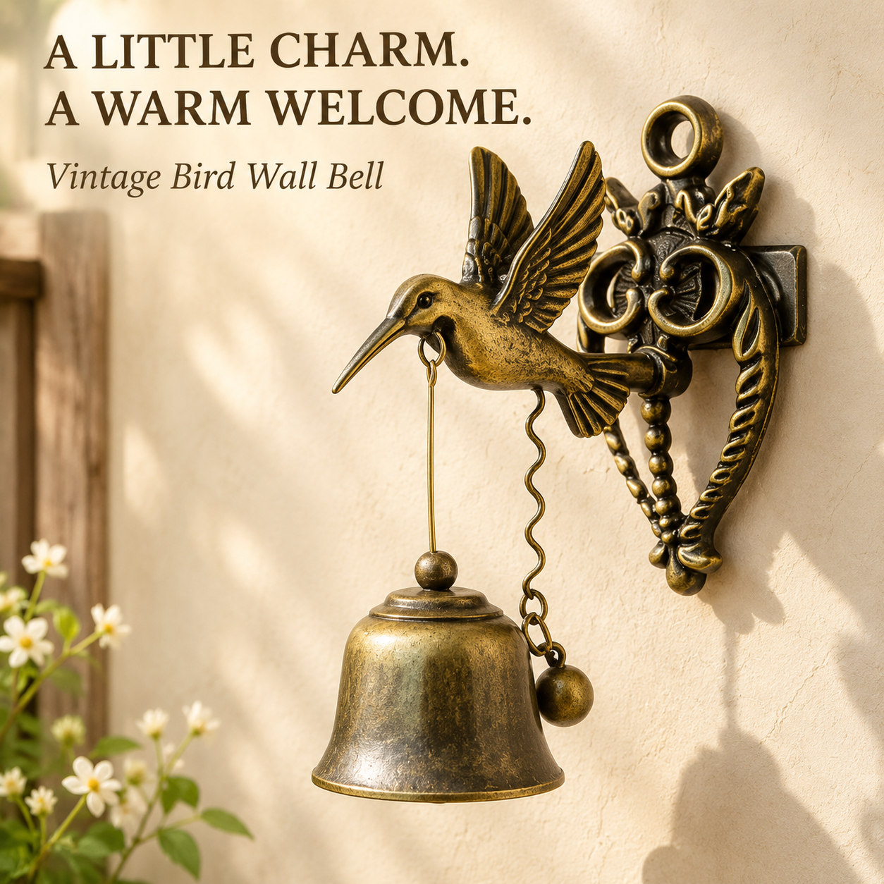 Vintage hummingbird wall bell styled on a cream wall in warm natural light