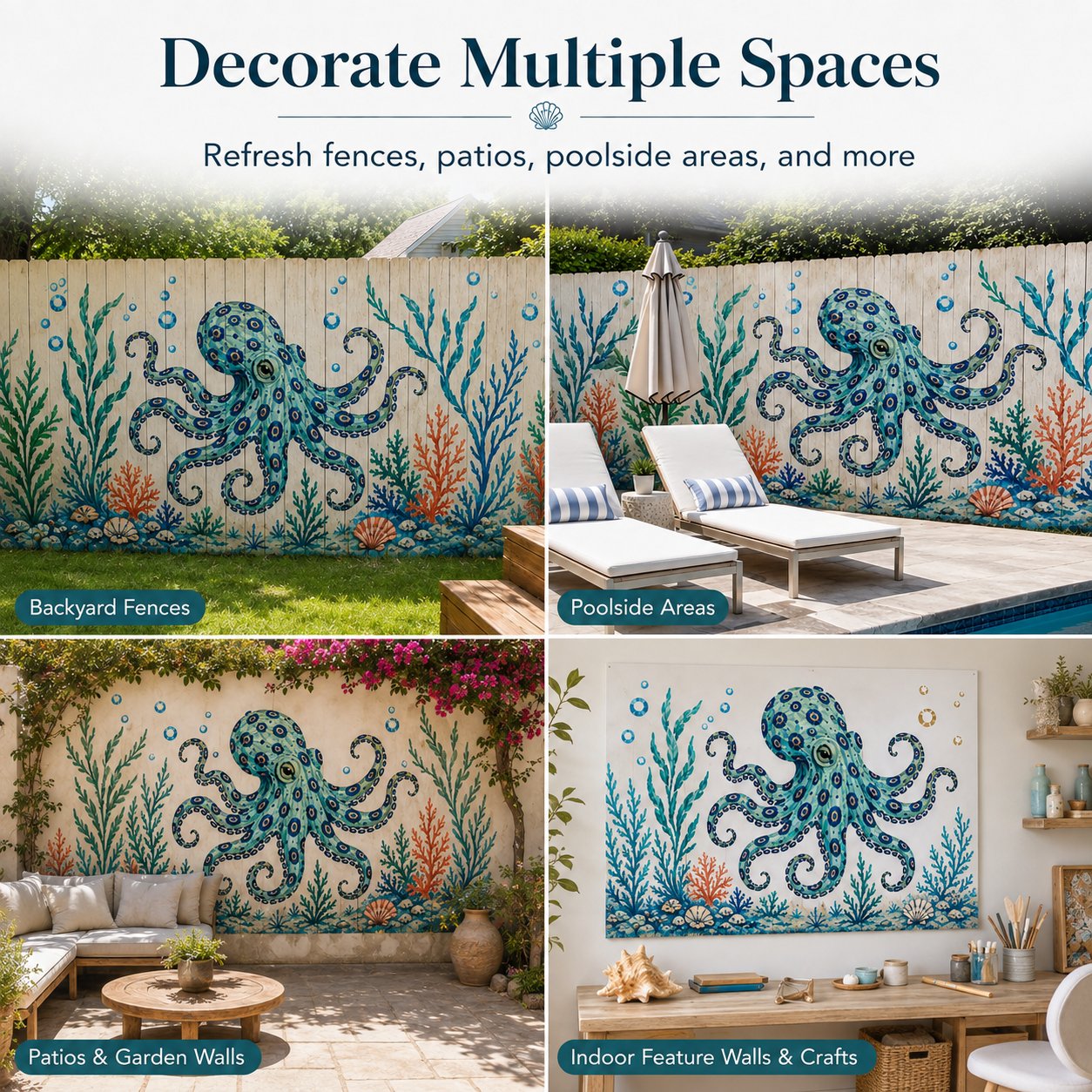 Reusable Ocean Octopus Mural Stencil Set | Bring Plain Walls & Fences to Life with a Bold Underwater Scene