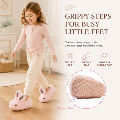 Cozy Bunny House Slippers for Kids – Plush 3D Ears, Floral Details & Textured Indoor Sole