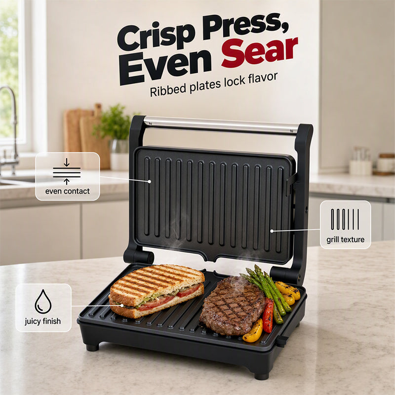 Crisp press and even sear ribbed grill marks on sandwich