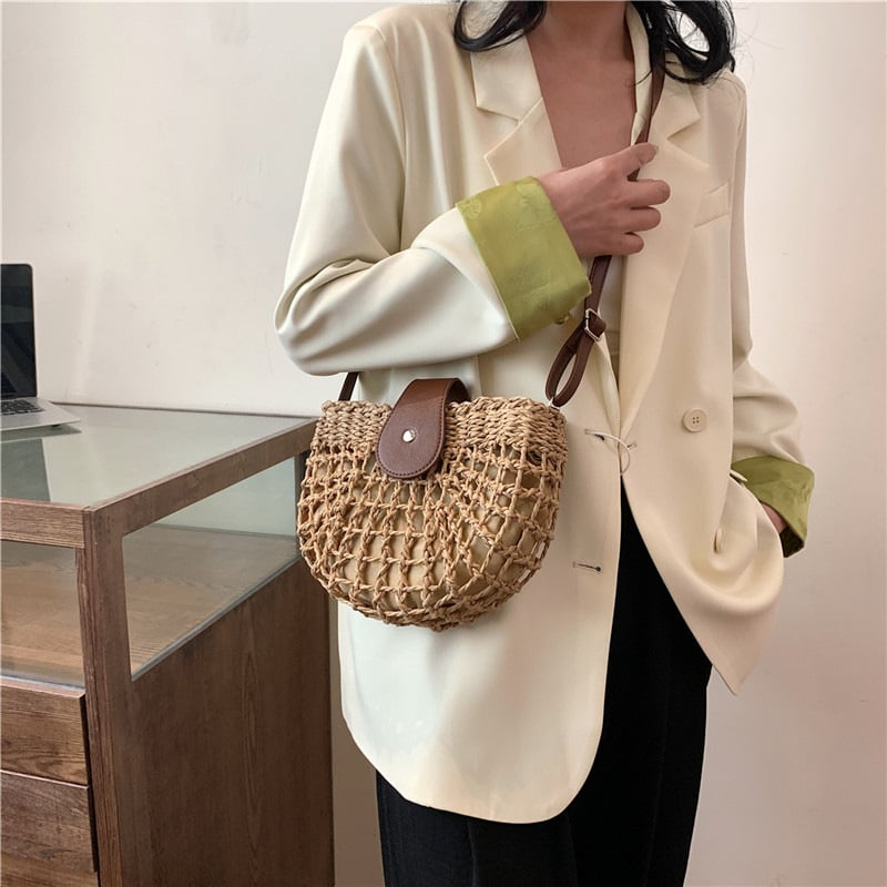 Women's Boho Semicircular Shape Hollow out Straw Bag