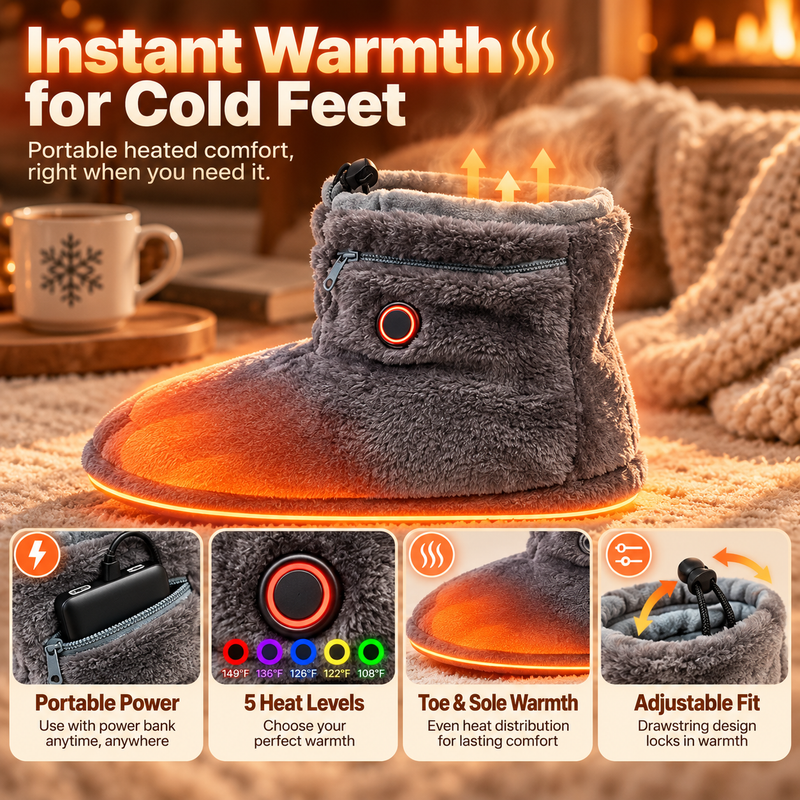 Gray heated plush boots with adjustable heat and portable USB power