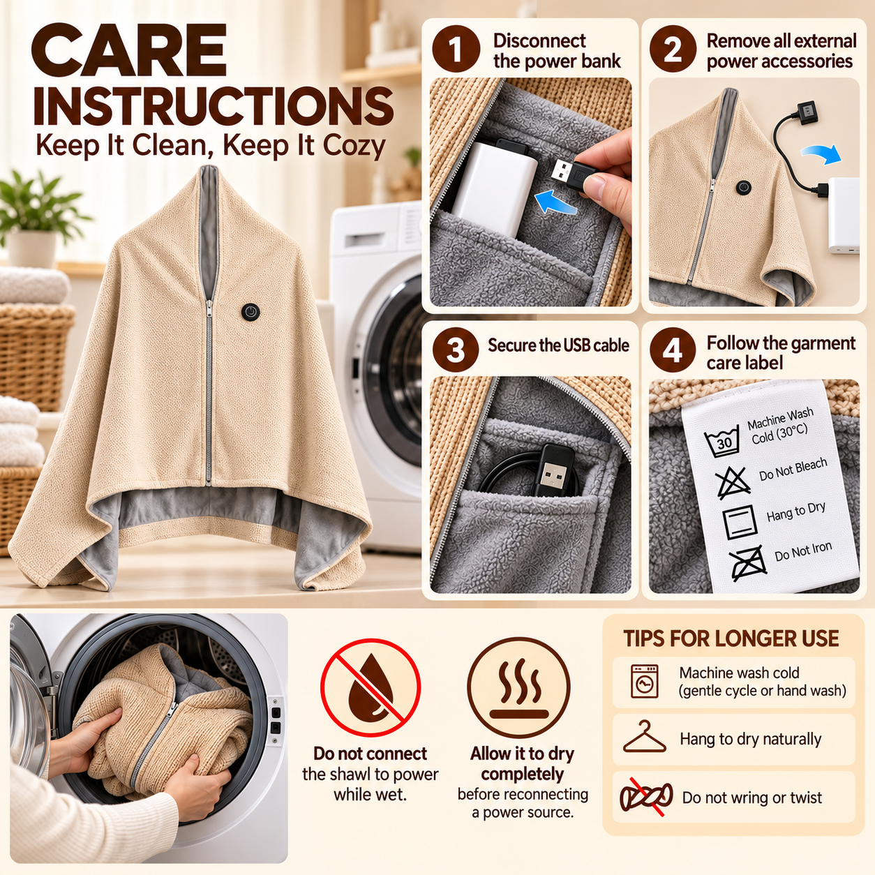 Washing and care information for the heated shawl