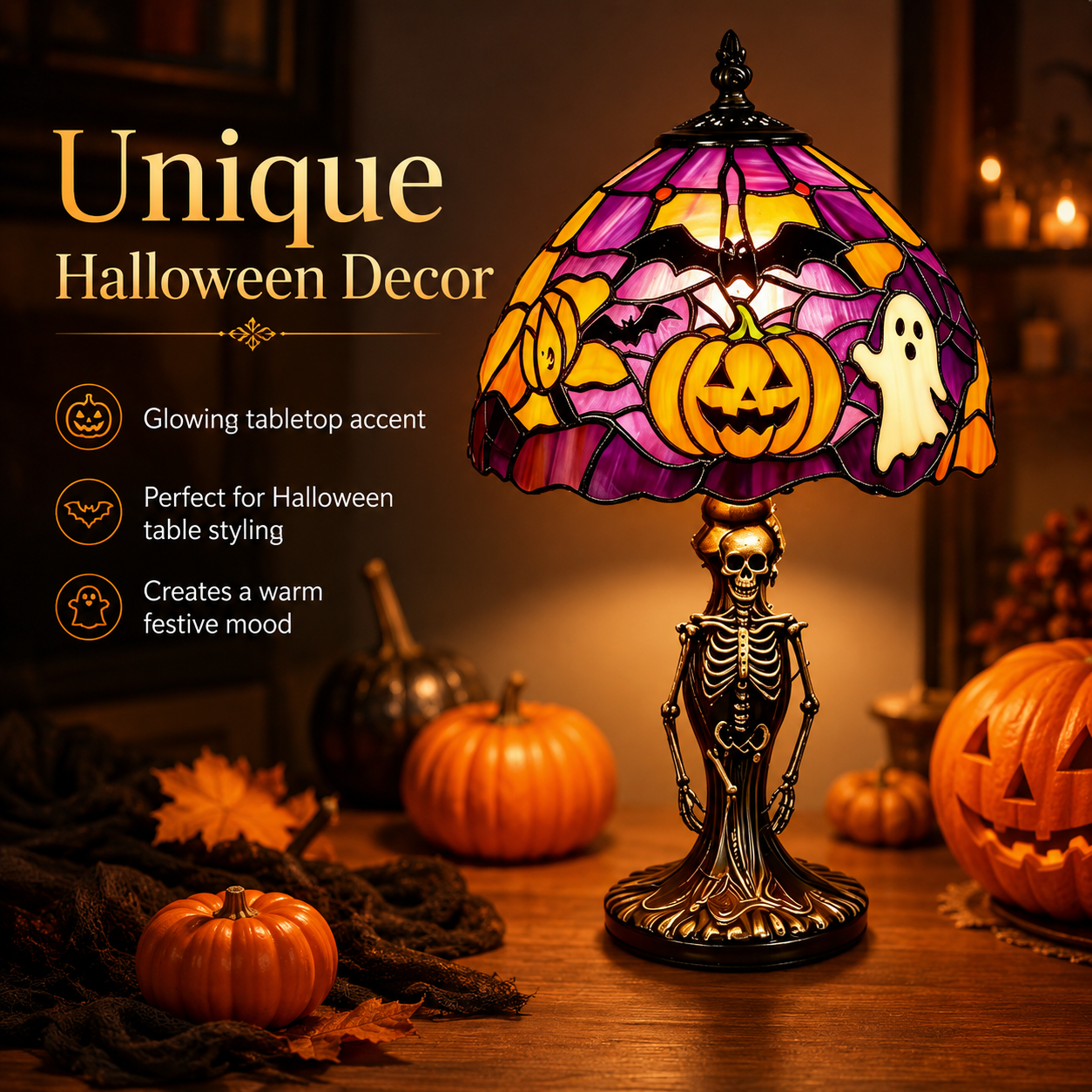 Spooky Glow Tiffany Lamp Pumpkin Ghost Bat Halloween Desk Light