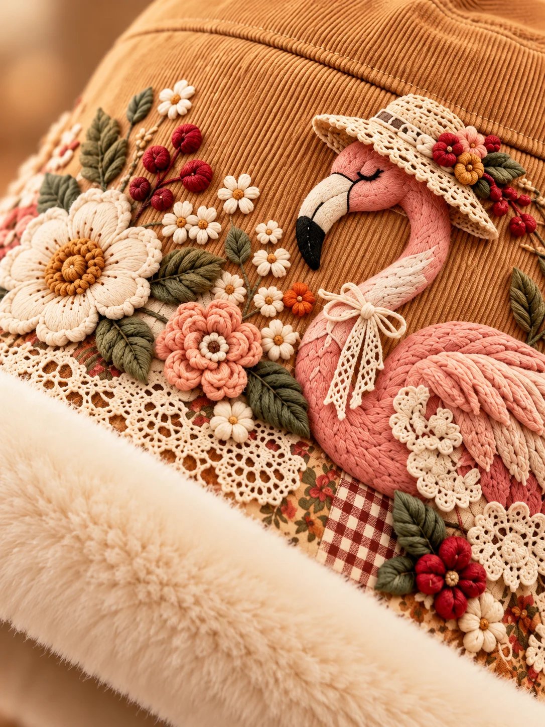 Close-up of pink flamingo, dimensional flowers, embroidered leaves, and lace details on the hat