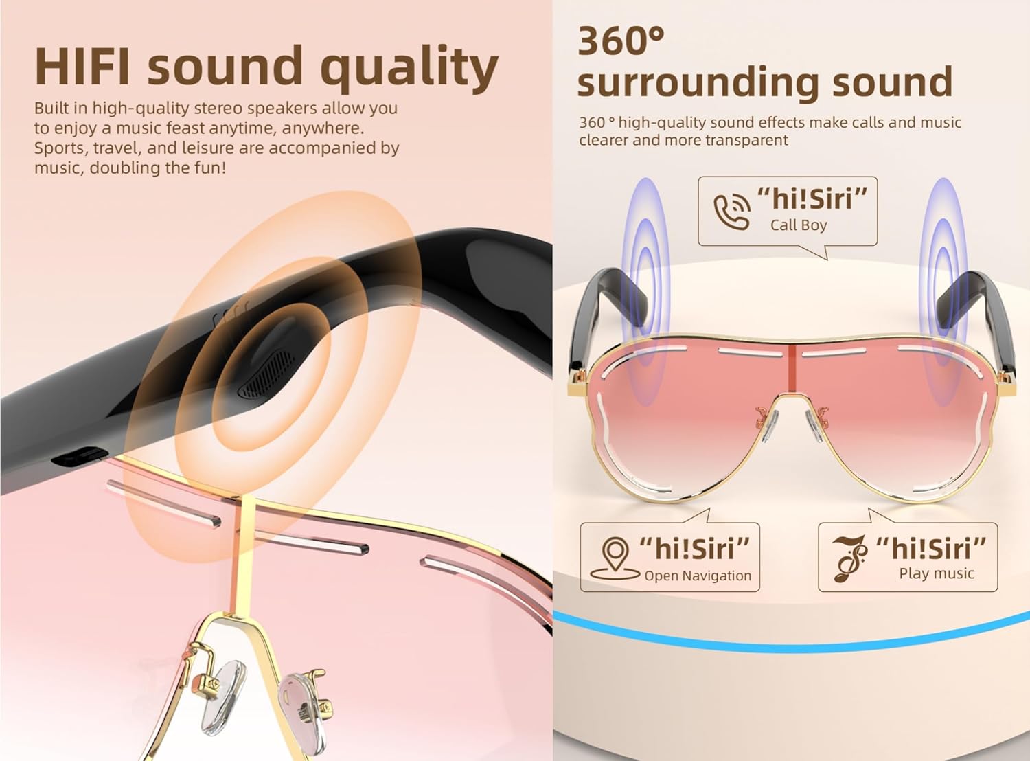 Smart Bluetooth 5.4 Sunglasses with Open-Ear Audio Blue Light Blocking UV Protection Waterproof