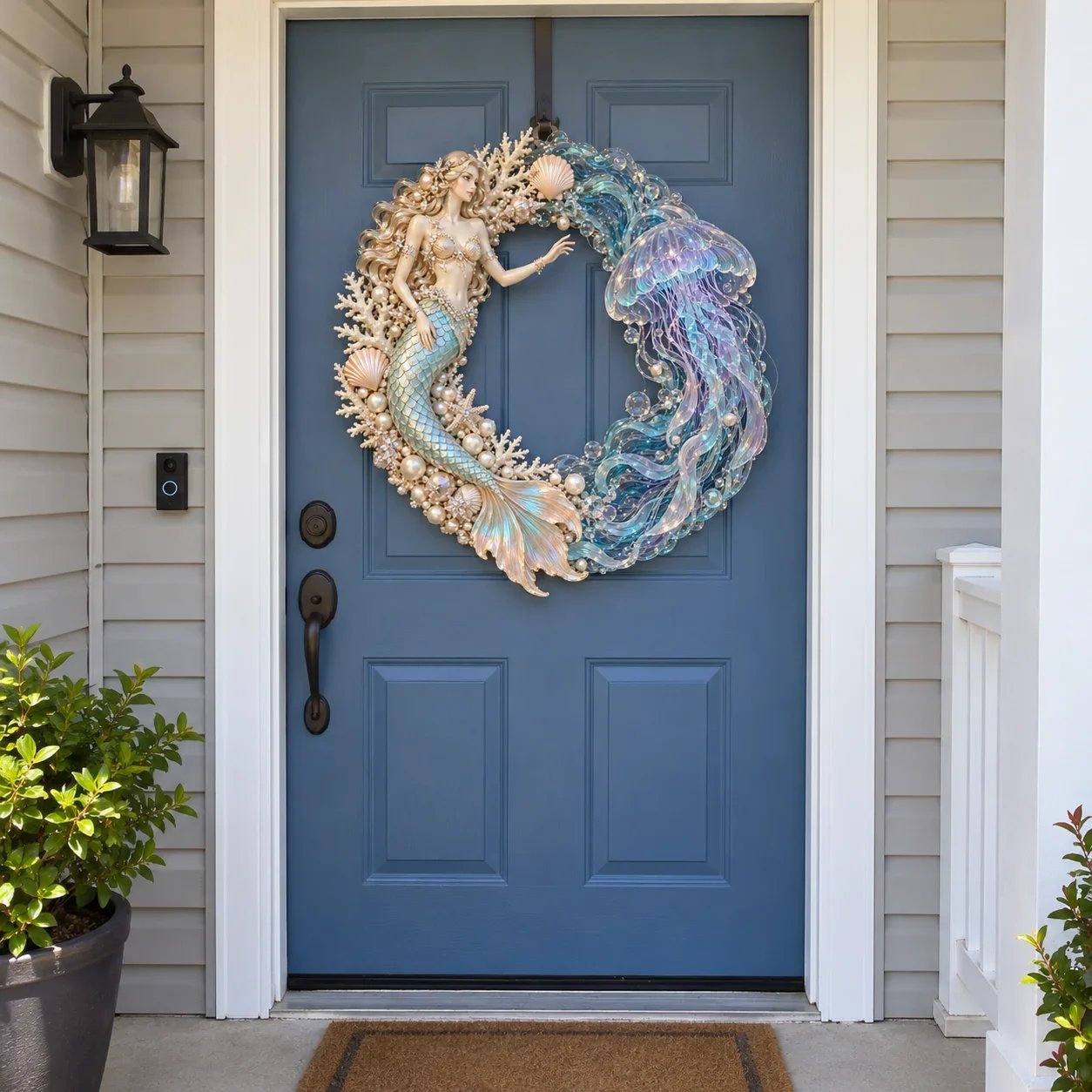 Illuminated coastal wreath welcoming guests at a home entrance at dusk