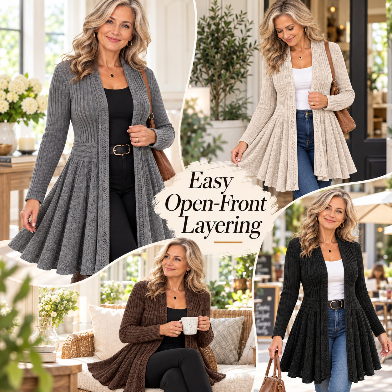 Effortless open-front layering cardigan styling