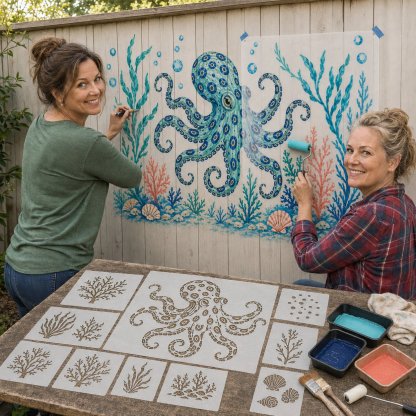 Reusable Ocean Octopus Mural Stencil Set | Bring Plain Walls & Fences to Life with a Bold Underwater Scene