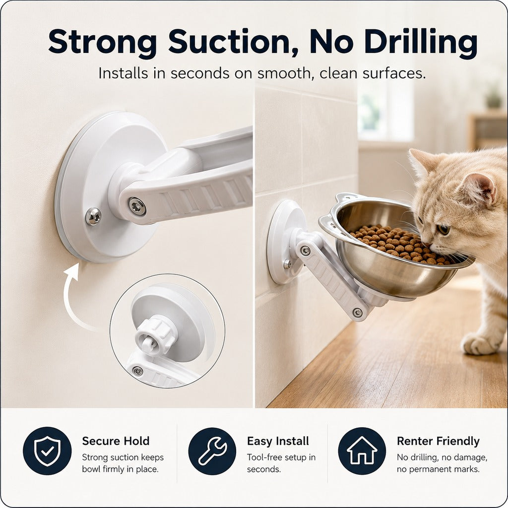 No-Drill Wall-Mounted Pet Bowl for Small Dogs & Cats - Elevated Feeding for Cleaner Floors
