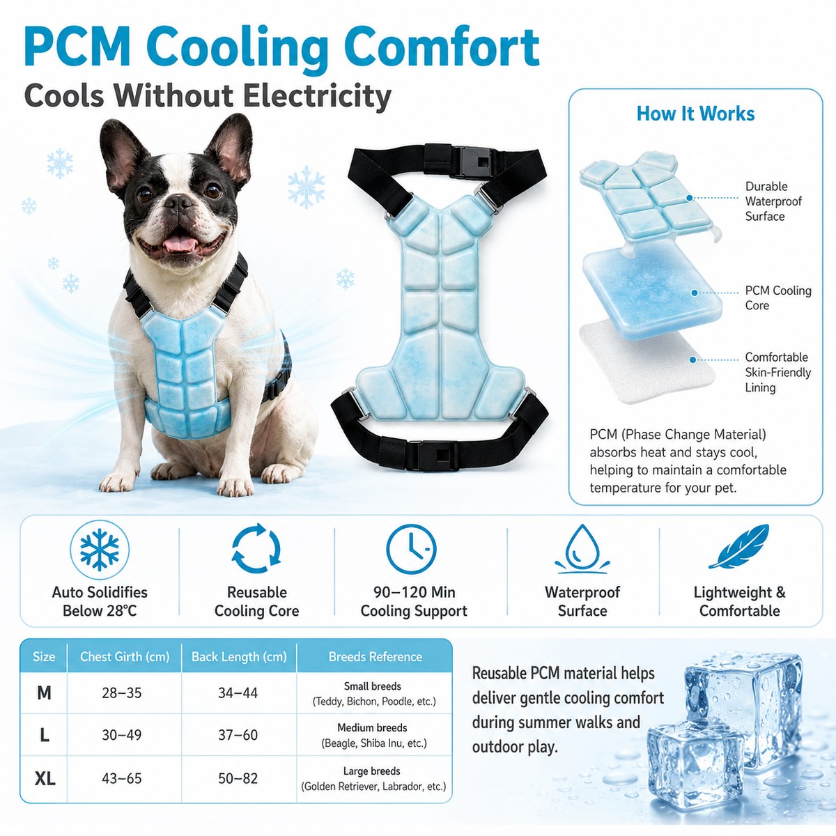 Reusable PCM Pet Cooling Vest for Summer Walks & Outdoor Play - No Electricity Cooling Harness for Dogs & Cats