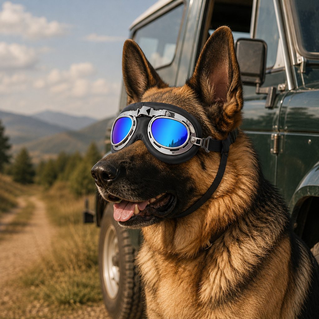 Retro Aviator Dog Goggles for Hiking & Road Trips - Adjustable Padded Eyewear That Helps Reduce Wind & Dust Exposure