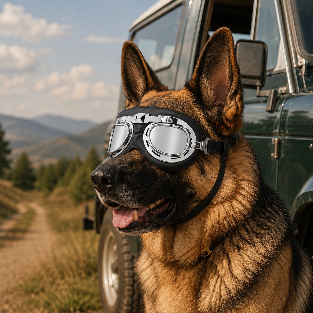 Retro Aviator Dog Goggles for Hiking & Road Trips - Adjustable Padded Eyewear That Helps Reduce Wind & Dust Exposure