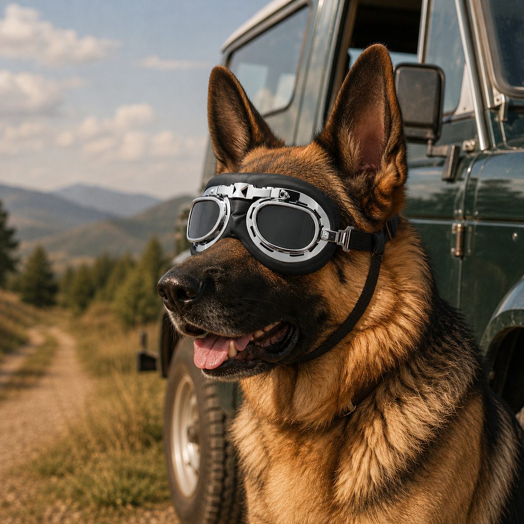 Retro Aviator Dog Goggles for Hiking & Road Trips - Adjustable Padded Eyewear That Helps Reduce Wind & Dust Exposure