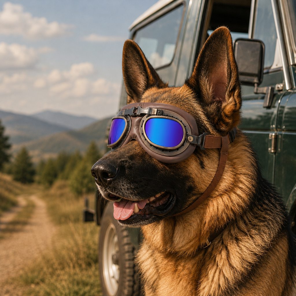 Retro Aviator Dog Goggles for Hiking & Road Trips - Adjustable Padded Eyewear That Helps Reduce Wind & Dust Exposure