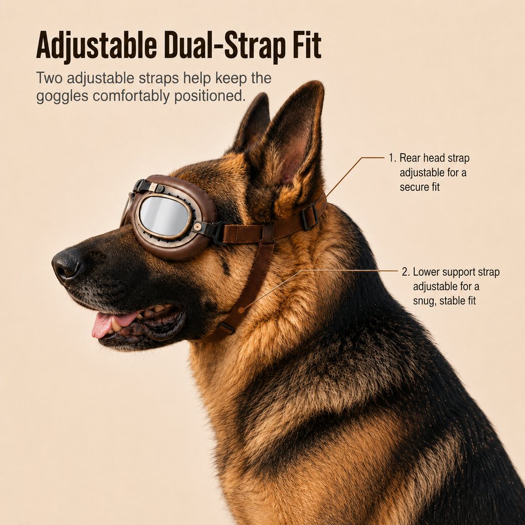 Retro Aviator Dog Goggles for Hiking & Road Trips - Adjustable Padded Eyewear That Helps Reduce Wind & Dust Exposure