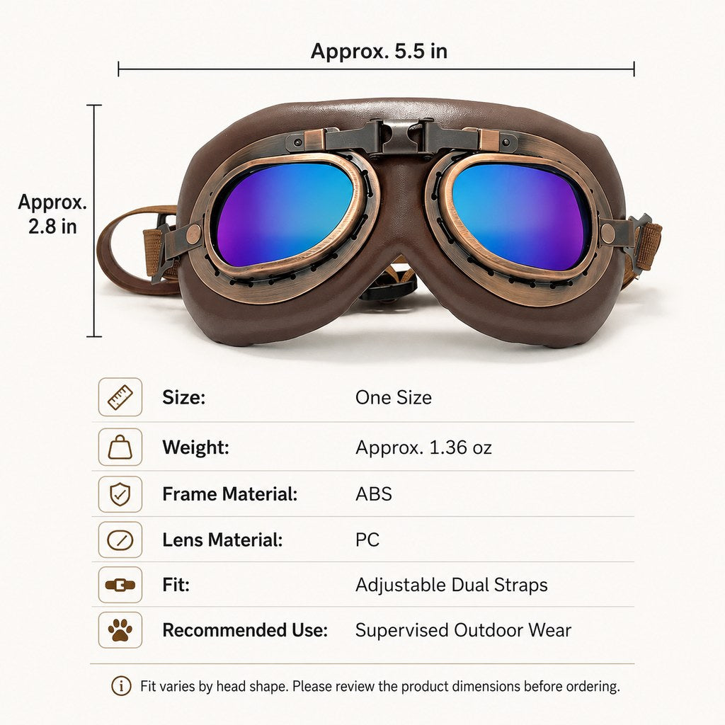 Retro Aviator Dog Goggles for Hiking & Road Trips - Adjustable Padded Eyewear That Helps Reduce Wind & Dust Exposure