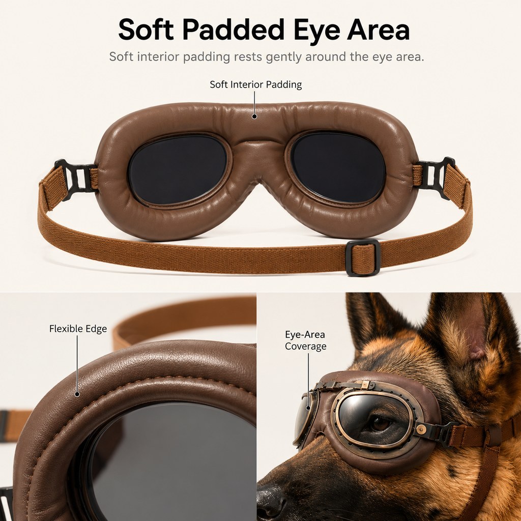 Retro Aviator Dog Goggles for Hiking & Road Trips - Adjustable Padded Eyewear That Helps Reduce Wind & Dust Exposure