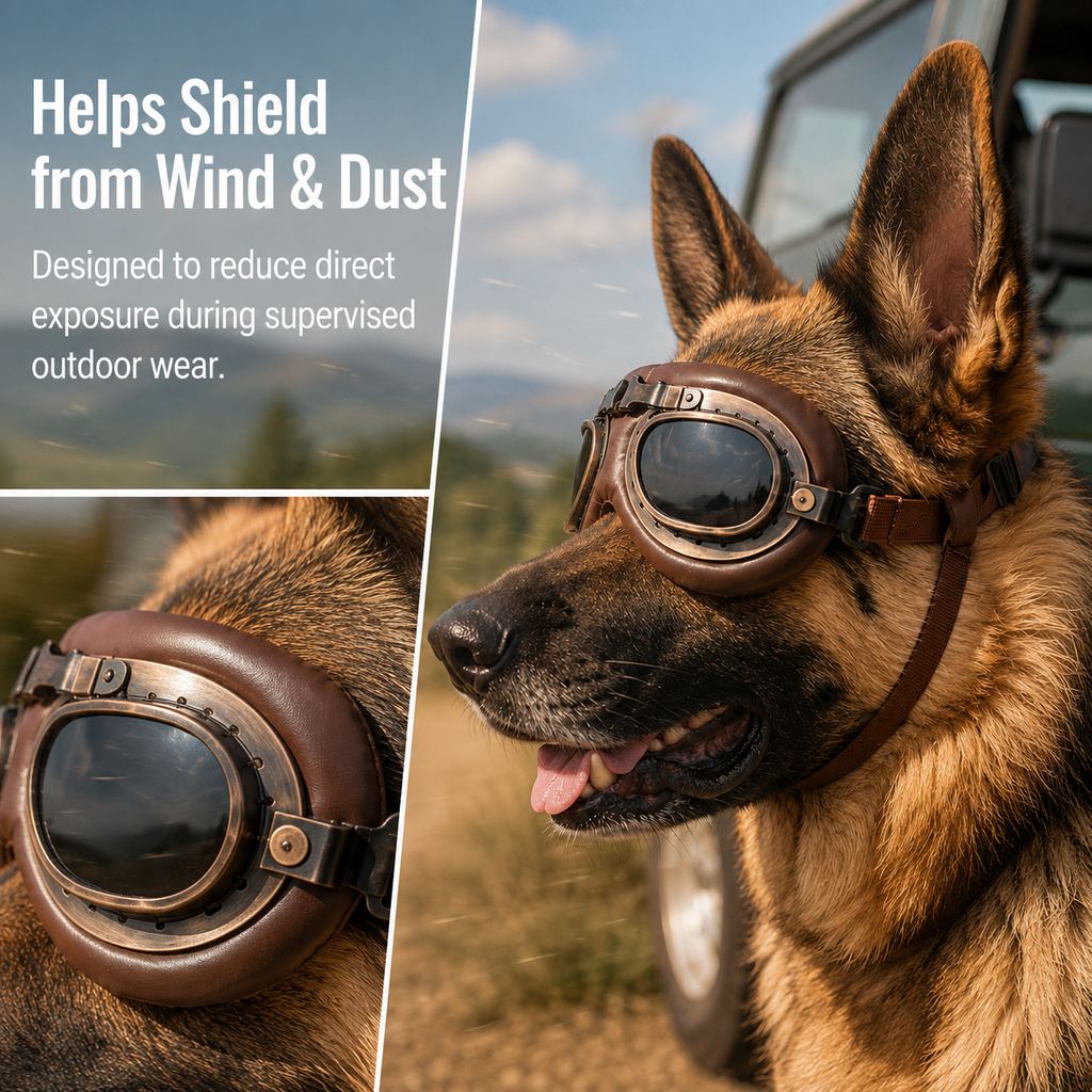 Retro Aviator Dog Goggles for Hiking & Road Trips - Adjustable Padded Eyewear That Helps Reduce Wind & Dust Exposure