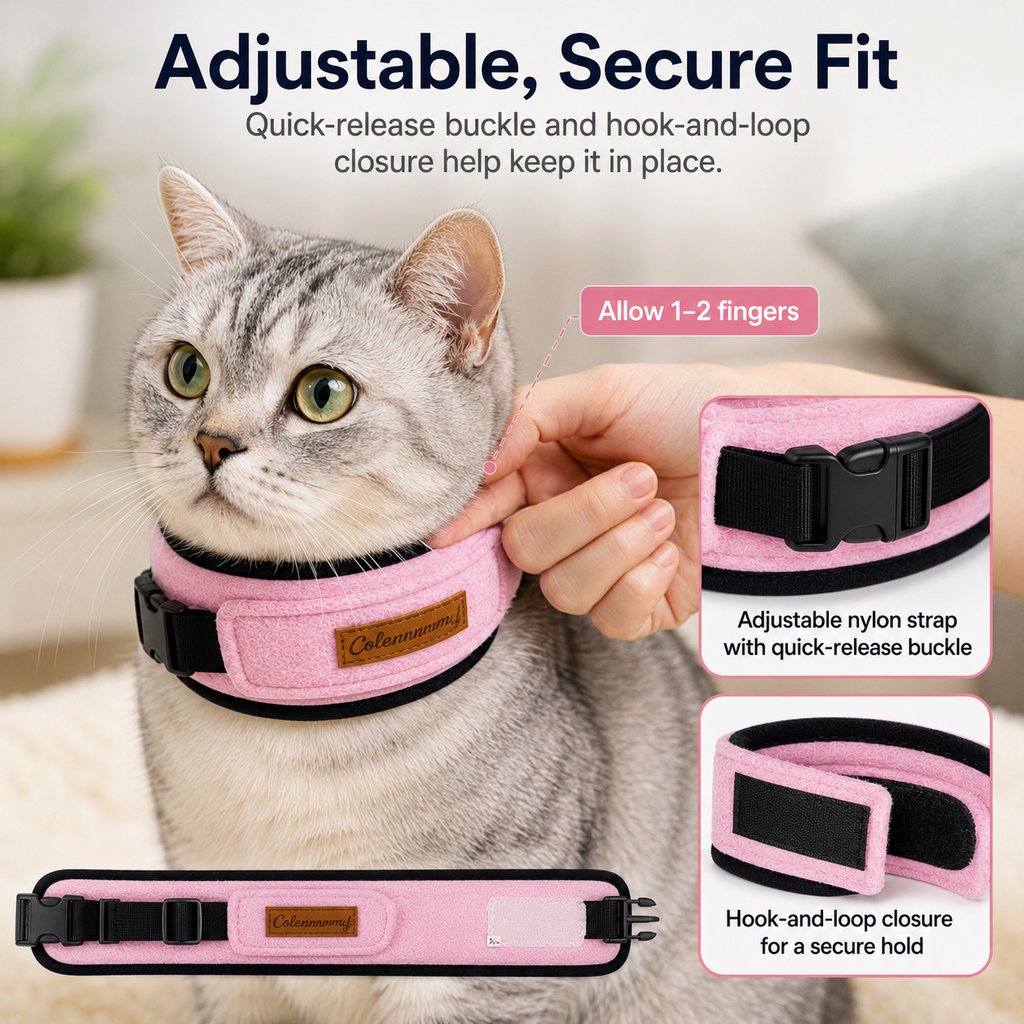 Soft Cat Recovery Collar for Post-Surgery Care - Adjustable Anti-Lick Fleece Neck Wrap