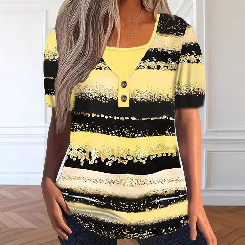 Faux Two-Piece Striped Top – Henley, Casual ✨