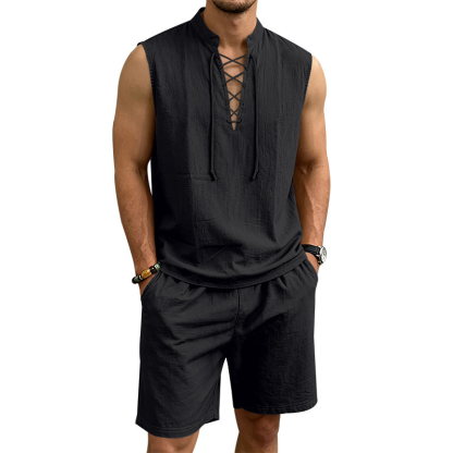 Men's Linen Sleeveless Set – Top & Shorts, Lace-Up, 7 Colors