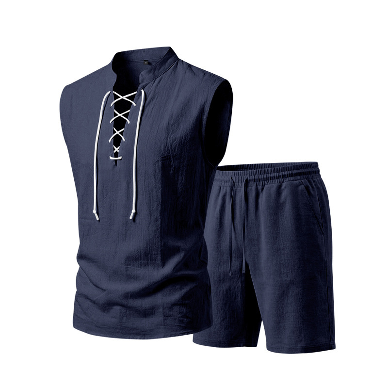 Men's Linen Sleeveless Set – Top & Shorts, Lace-Up, 7 Colors