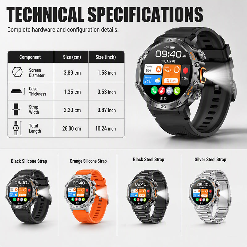 Outdoor Smartwatch – Rugged, LED Flashlight & Bluetooth Calling – For Sports, Fitness & Adventure